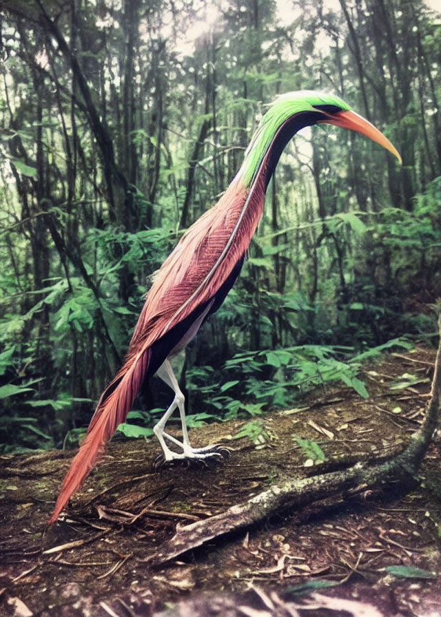 Colorful Bird with Long Orange Beak in Forest