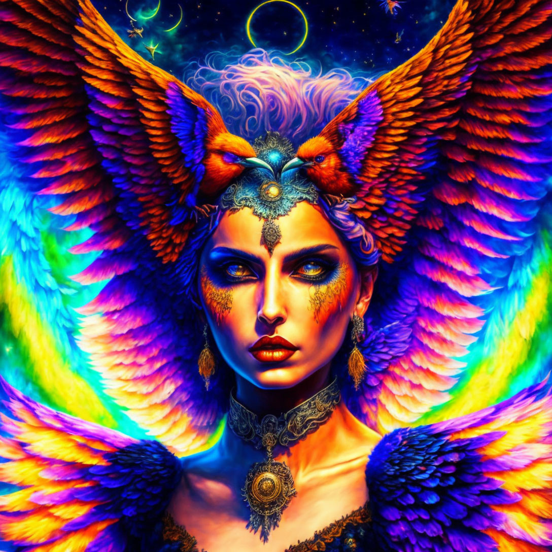 Colorful digital artwork featuring figure with rainbow wings and celestial motifs