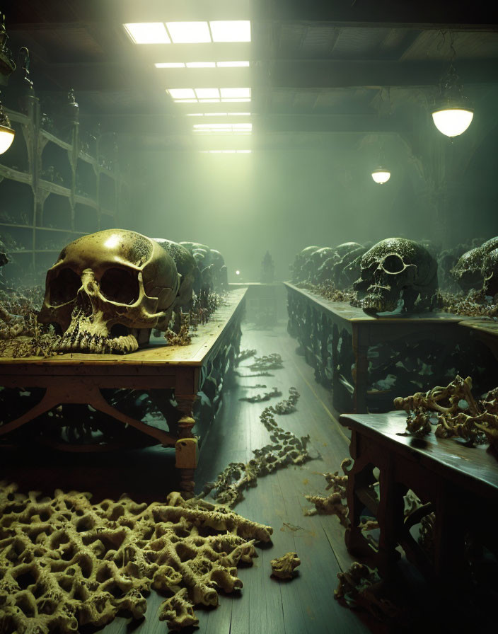 Dark room with large skulls and bones on table, shelves adding eerie vibe