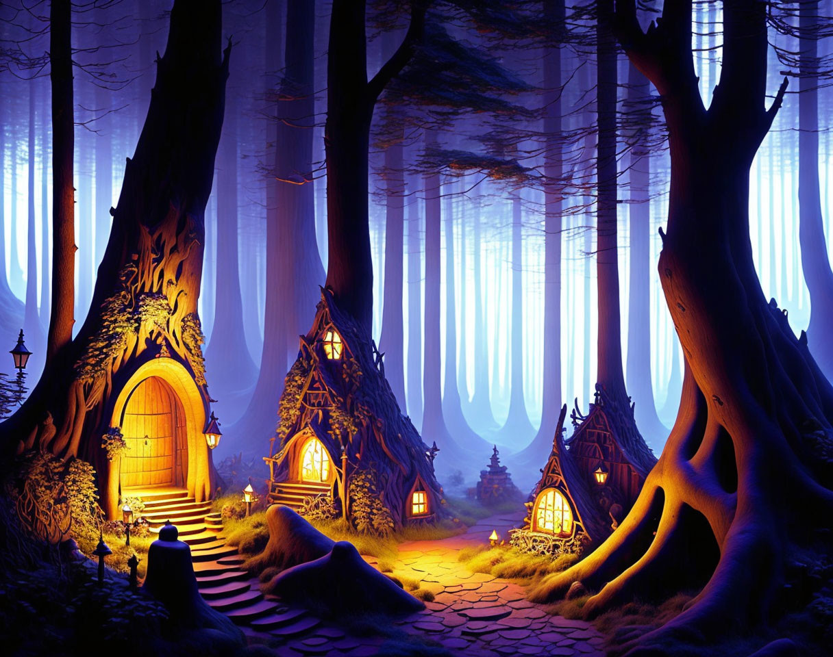 Whimsical forest scene with glowing tree houses and magical blue glow