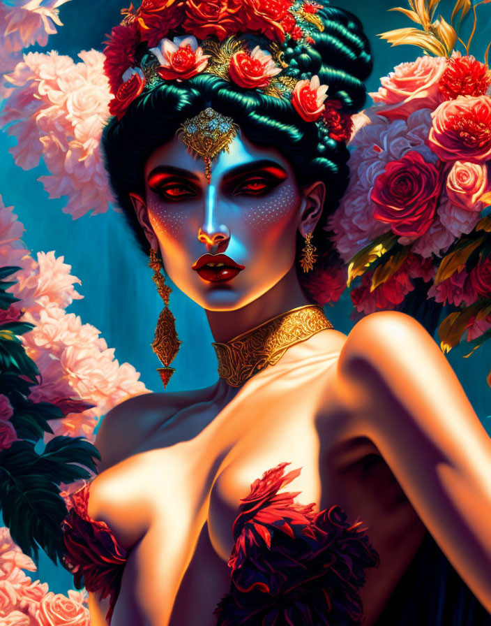 Colorful illustration of a woman with floral and jewelry against rose backdrop