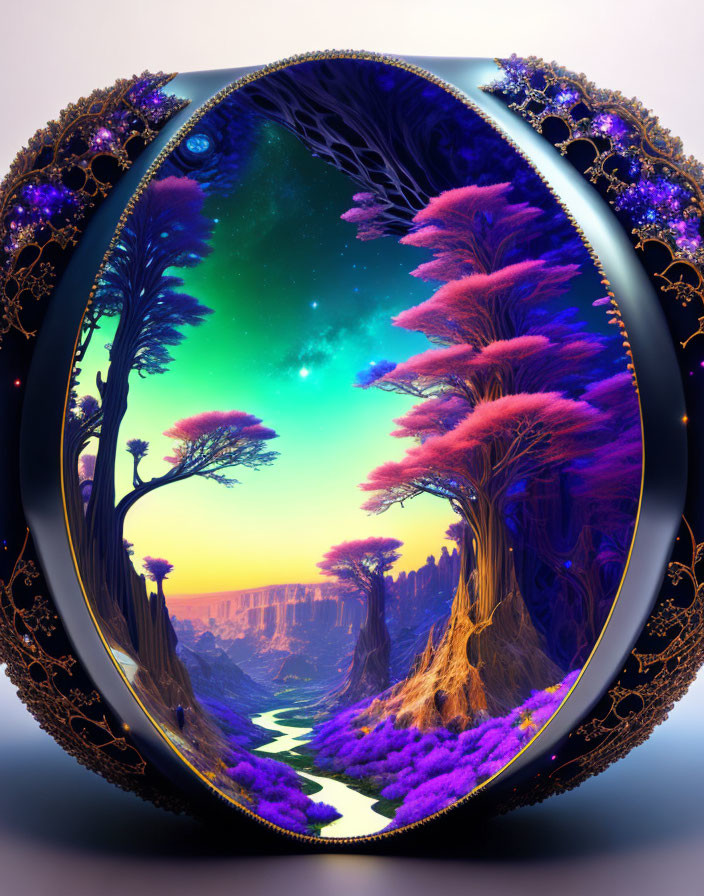 Colorful fantasy landscape with purple foliage, alien trees, starry sky, and river in canyon