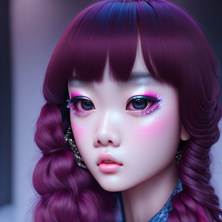 Digital portrait of girl with expressive eyes, purple braided hair, and pink makeup