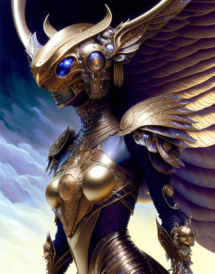 Detailed Illustration of Character in Ornate Golden and Blue Armor