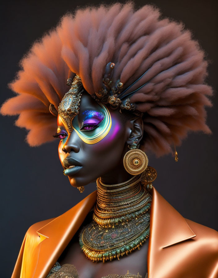 Portrait of a person with vibrant Afrocentric makeup and attire, showcasing a large, fluffy hairdo