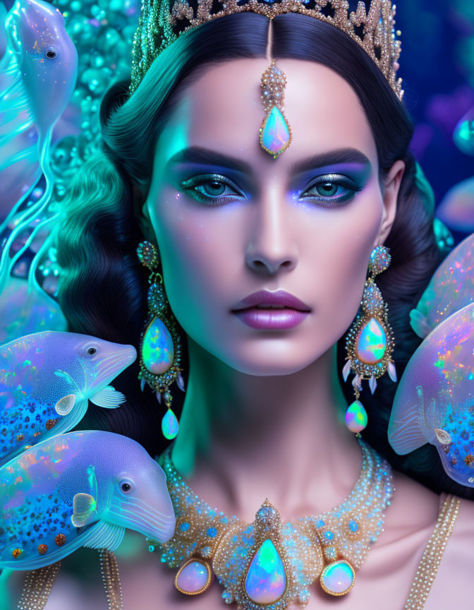 Elaborate Jewelry and Blue Makeup with Glowing Fish in Underwater Scene