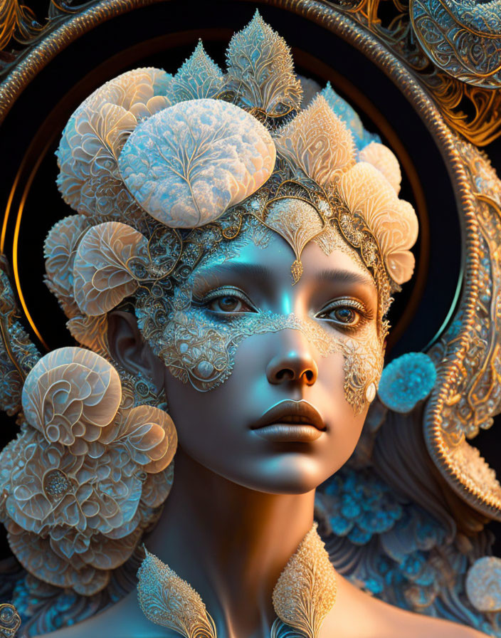 Elaborate golden headpiece on woman in digital artwork