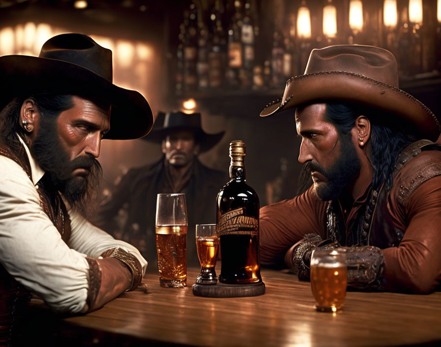 Cowboy-themed bar scene with two men in standoff.