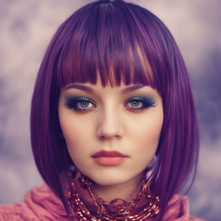 Portrait of Woman with Purple Hair and Blue Eyes in Makeup and Gold Necklace