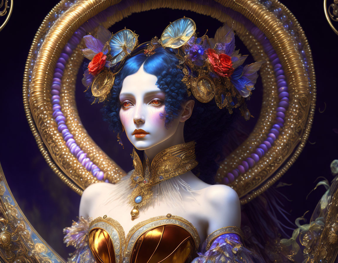 Ornate female figure with blue hair and golden attire