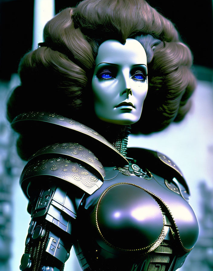 Female Robot with Brown Hair and Blue Eyes in Detailed Metallic Armor