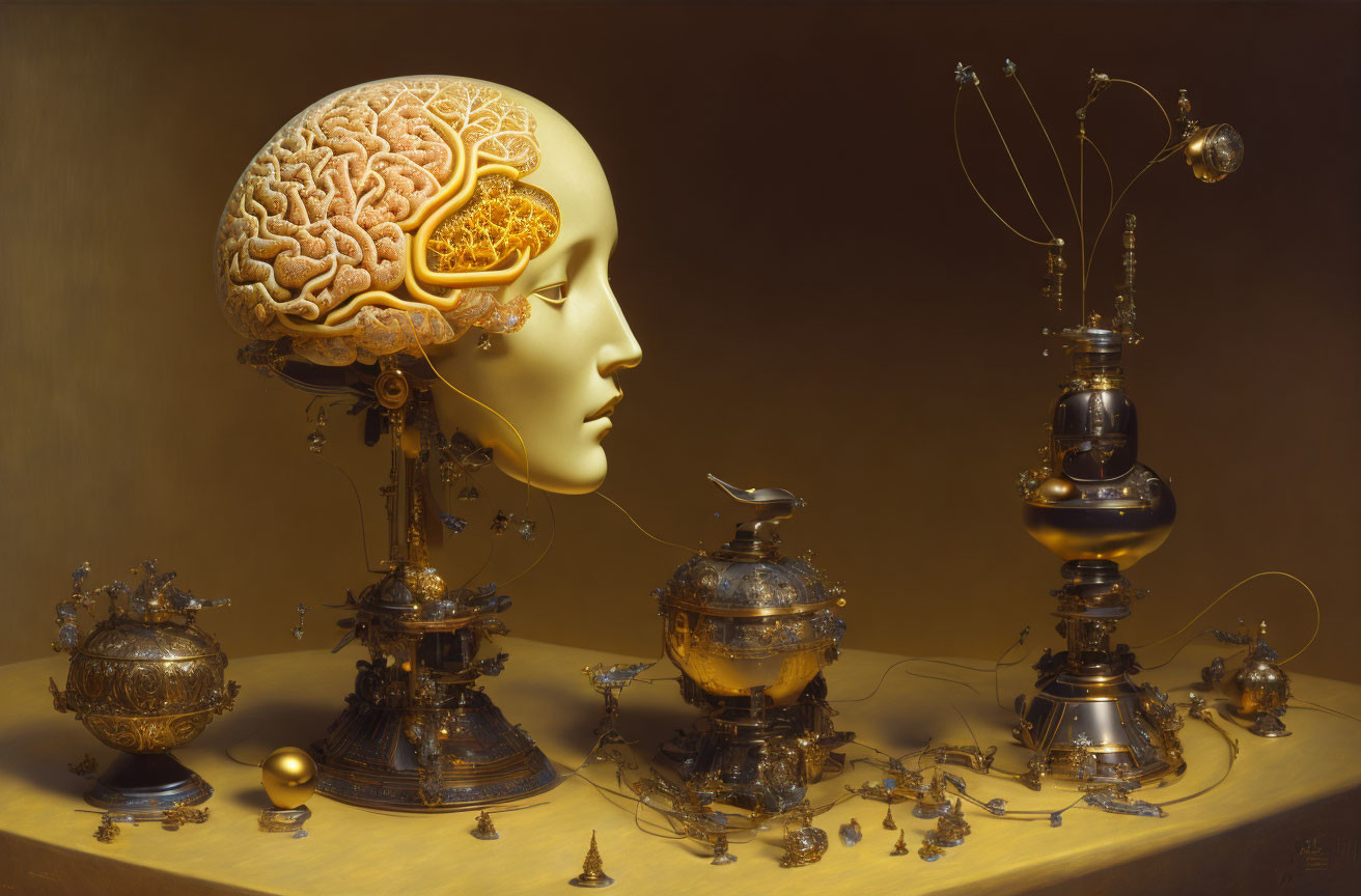 Detailed Brain Drawing on Human Head with Steampunk Mechanical Devices