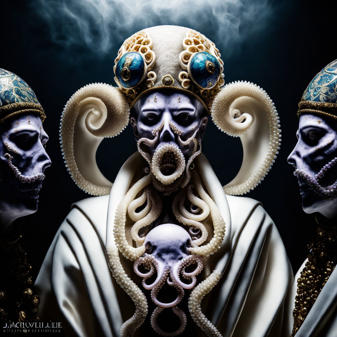 Three individuals in opulent costumes with tentacle details and skull-like masks on a dark background.