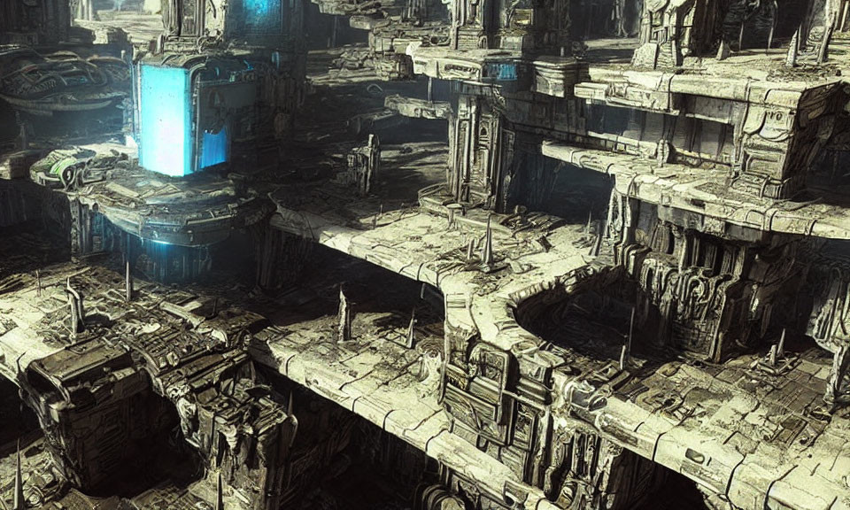 Weathered futuristic cityscape with towering structures and glowing blue screen.