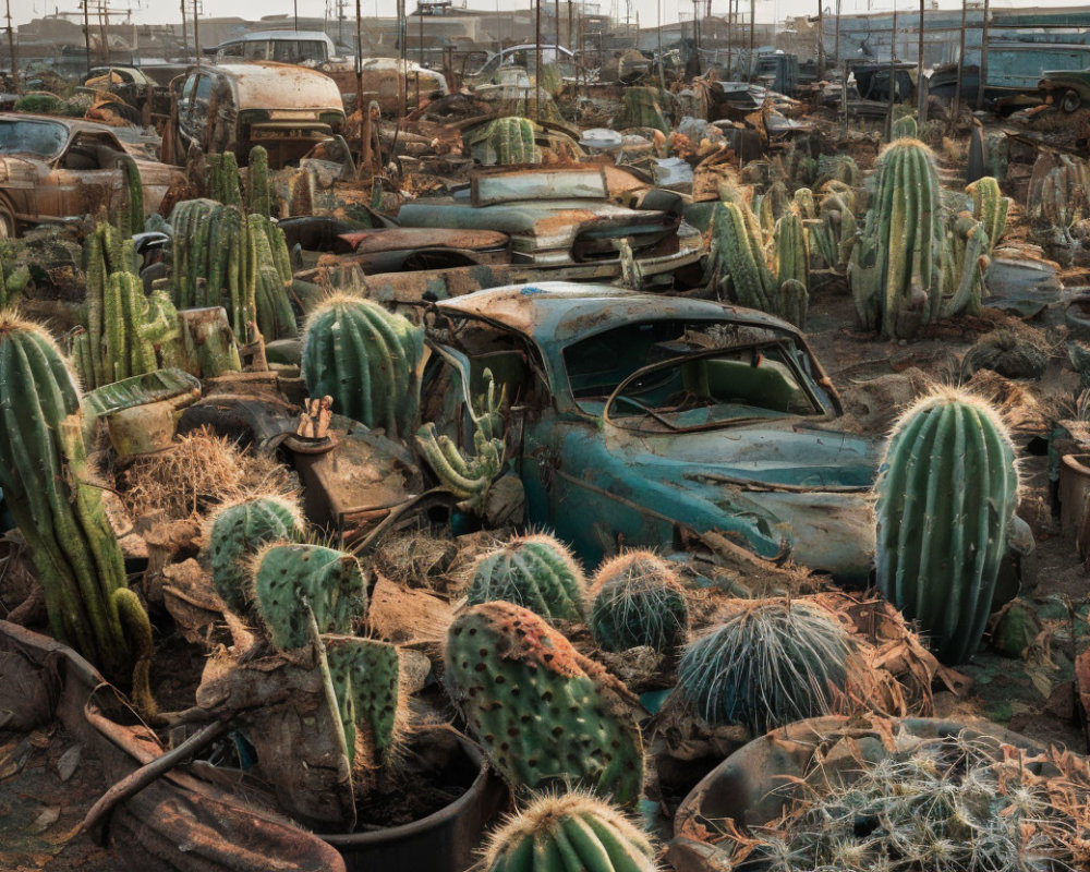 Abandoned car graveyard reclaimed by cacti under hazy sky