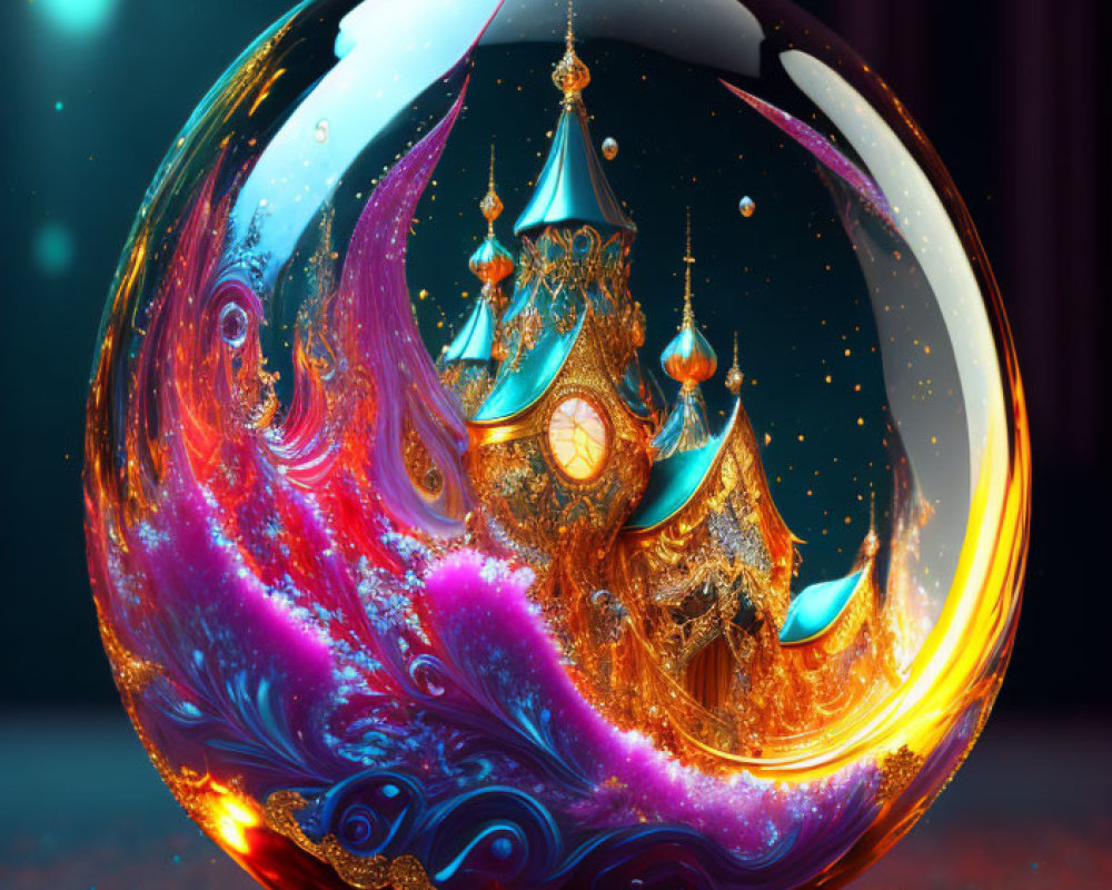 Colorful Crystal Ball with Whimsical Palace in Iridescent Surroundings