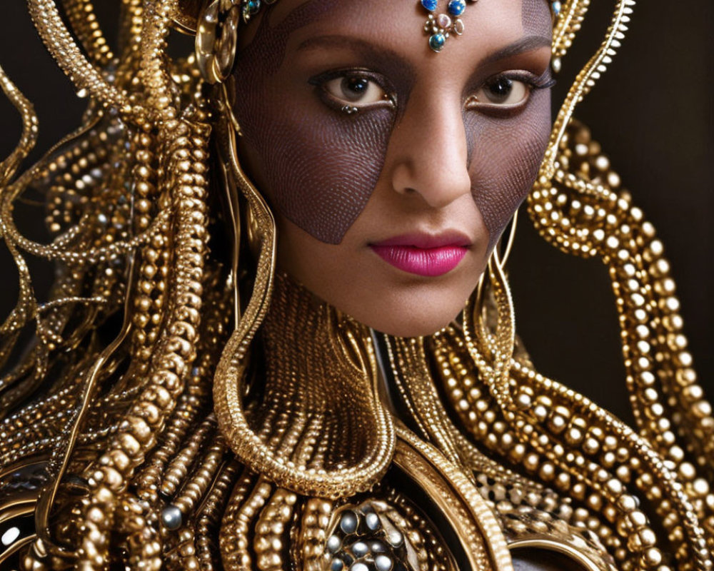 Elaborate Gold Jewelry with Blue Gem Headpiece and Netted Veil