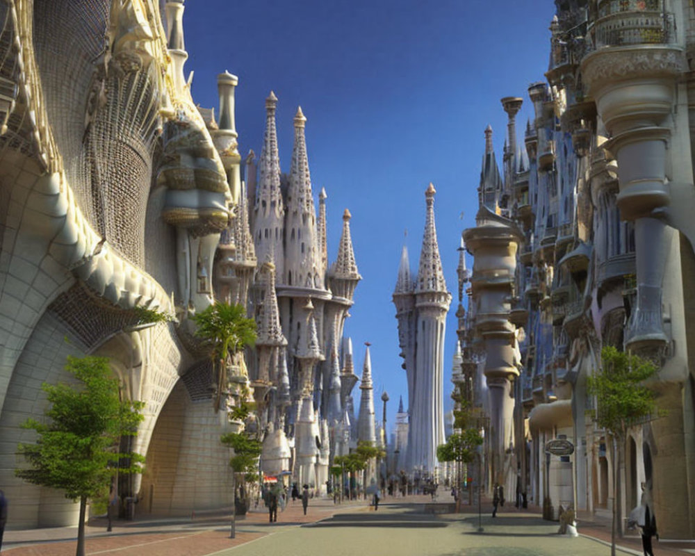 Fantastical street with towering spires and elaborate facades