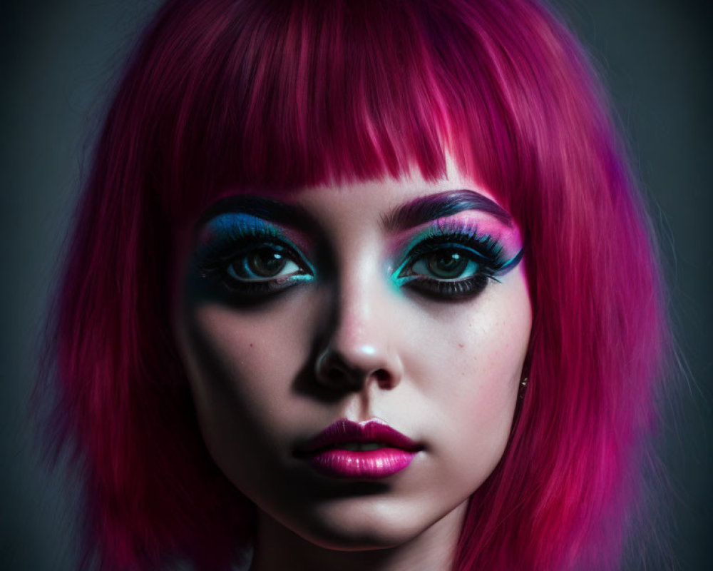 Vibrant pink hair and blue eye makeup on person against dark background