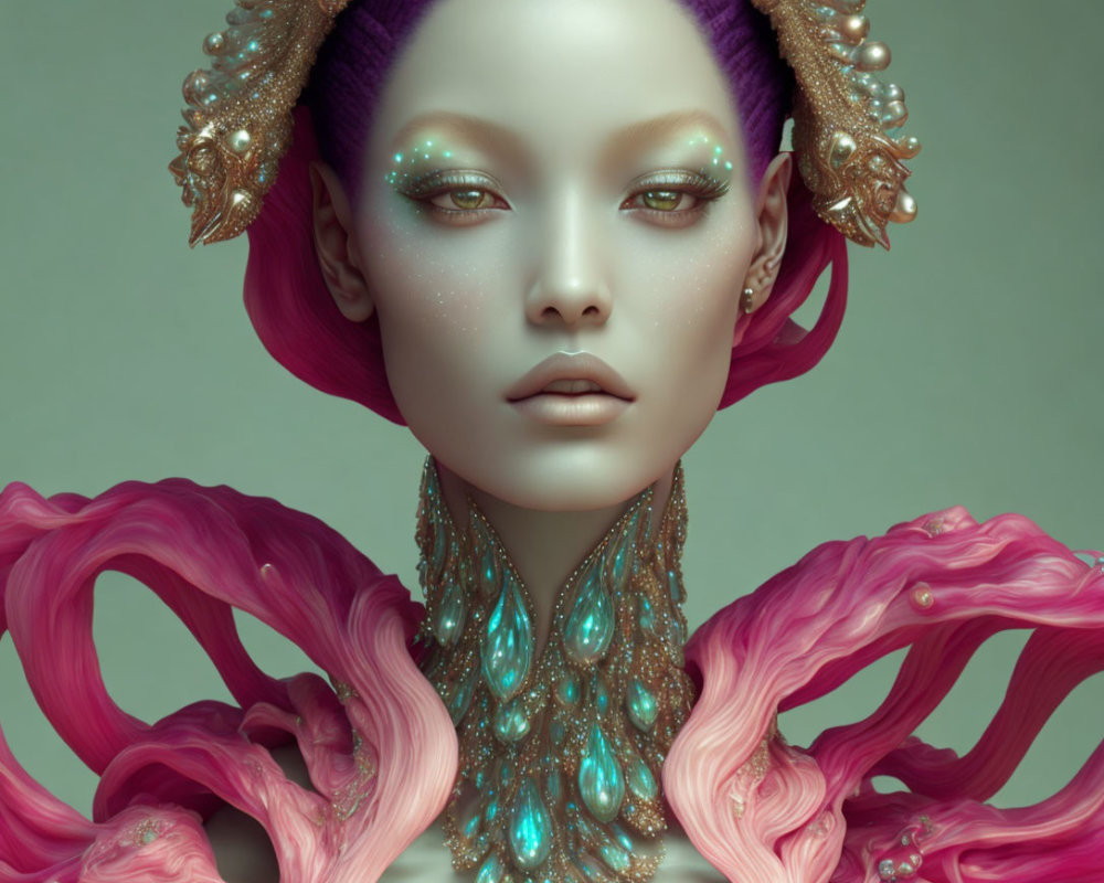 Fantasy portrait featuring woman with purple hair and intricate gold jewelry