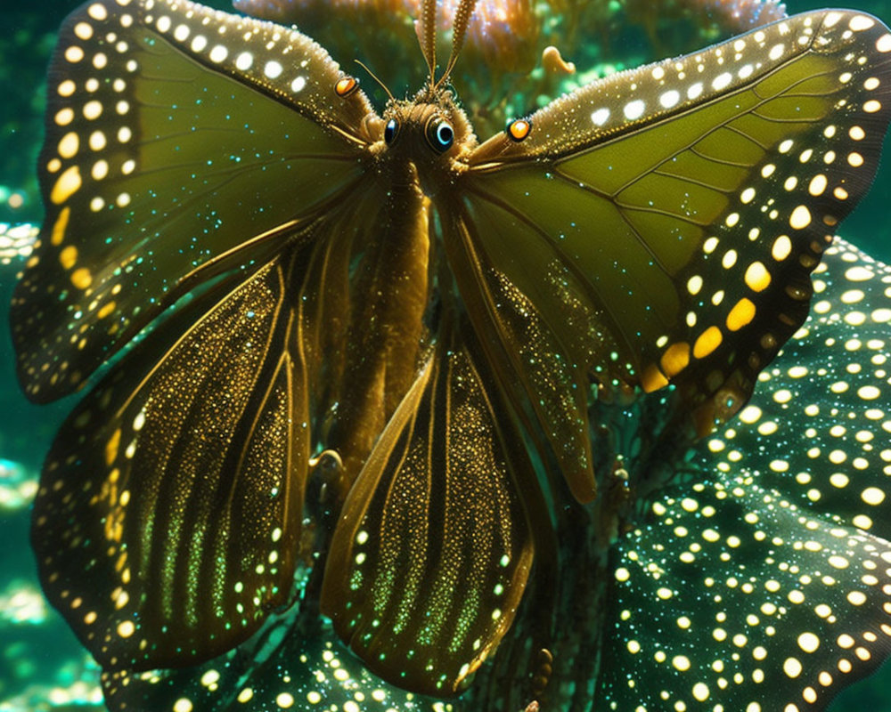 Butterfly with translucent, speckled wings in greenish backlight