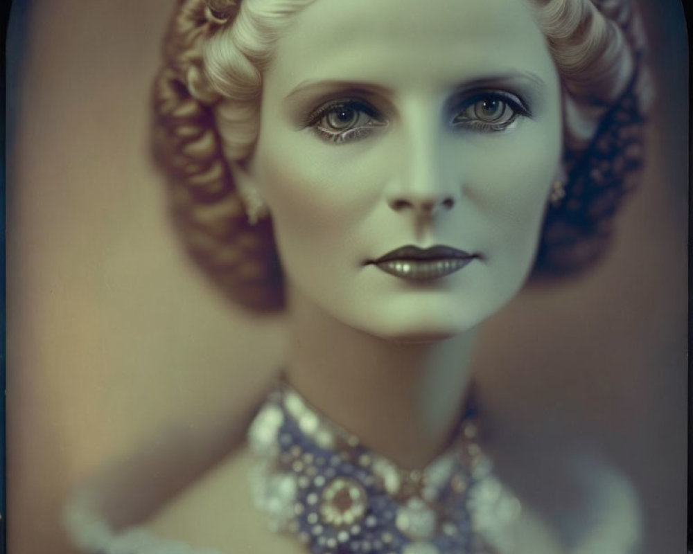 Vintage-Style Portrait of Woman with Braided Hair and Ornate Jewelry in Soft Sepia Tones