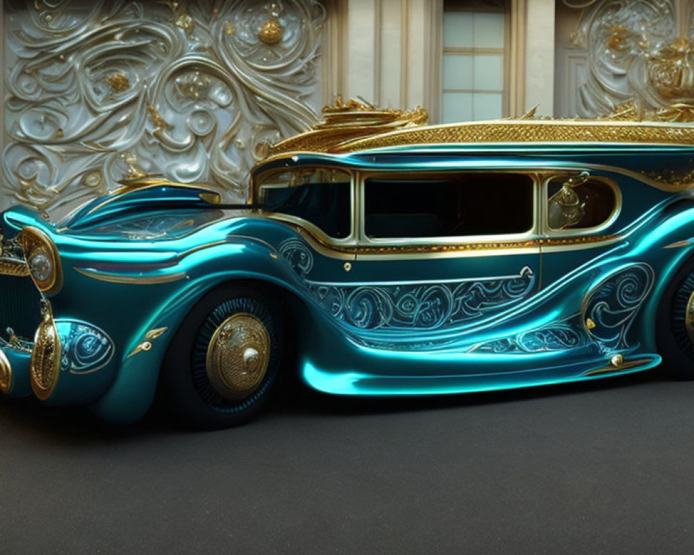 Vintage Car with Turquoise and Gold Design Parked in Front of Elegant Building