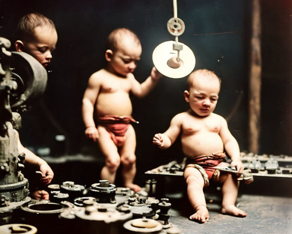 Three toddlers in red cloth diapers with mechanical parts and a hanging scale.