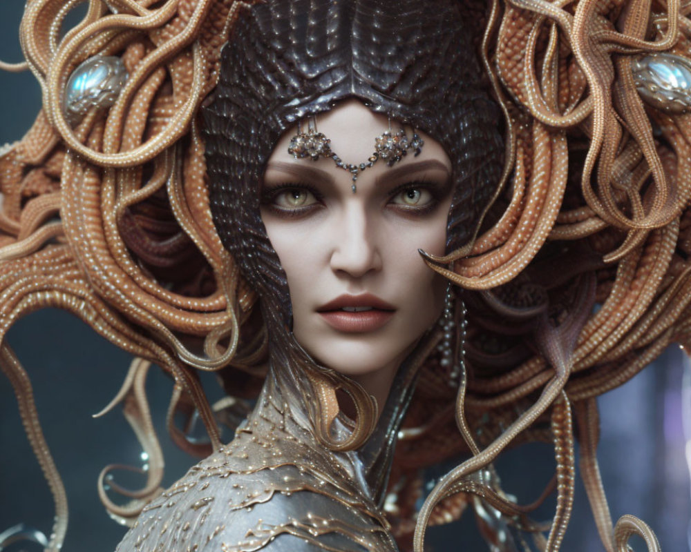 Elaborate Tentacle Headdress Woman in Metallic Armor with Powerful Gaze