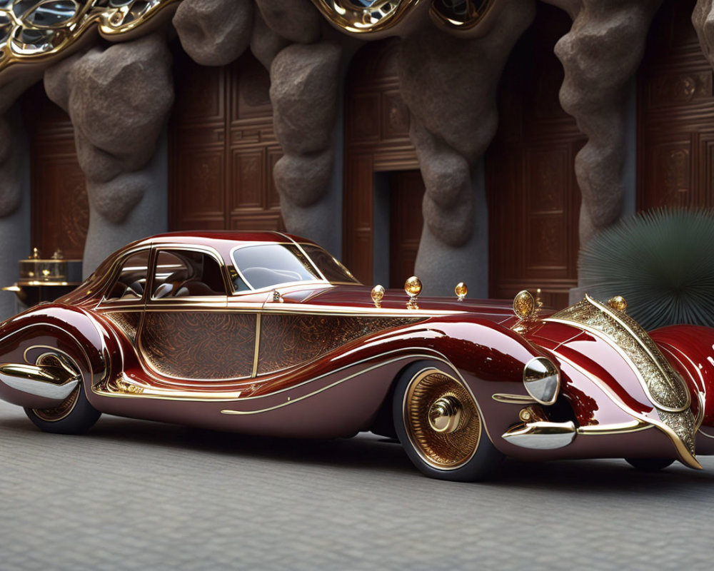 Luxurious Vintage-Style Red and Gold Car on Cobblestone Surface Near Elegant Building