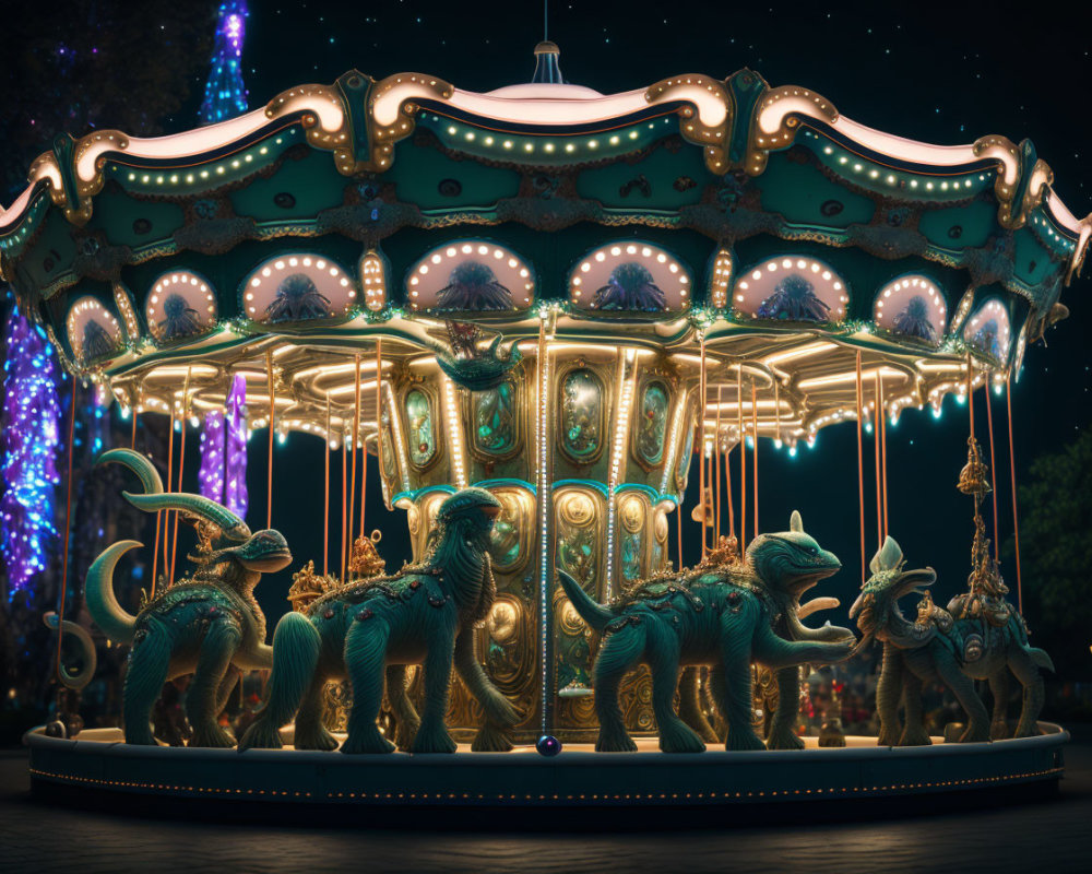 Ornate Mythical Creature Carousel at Night with Decorative Lights