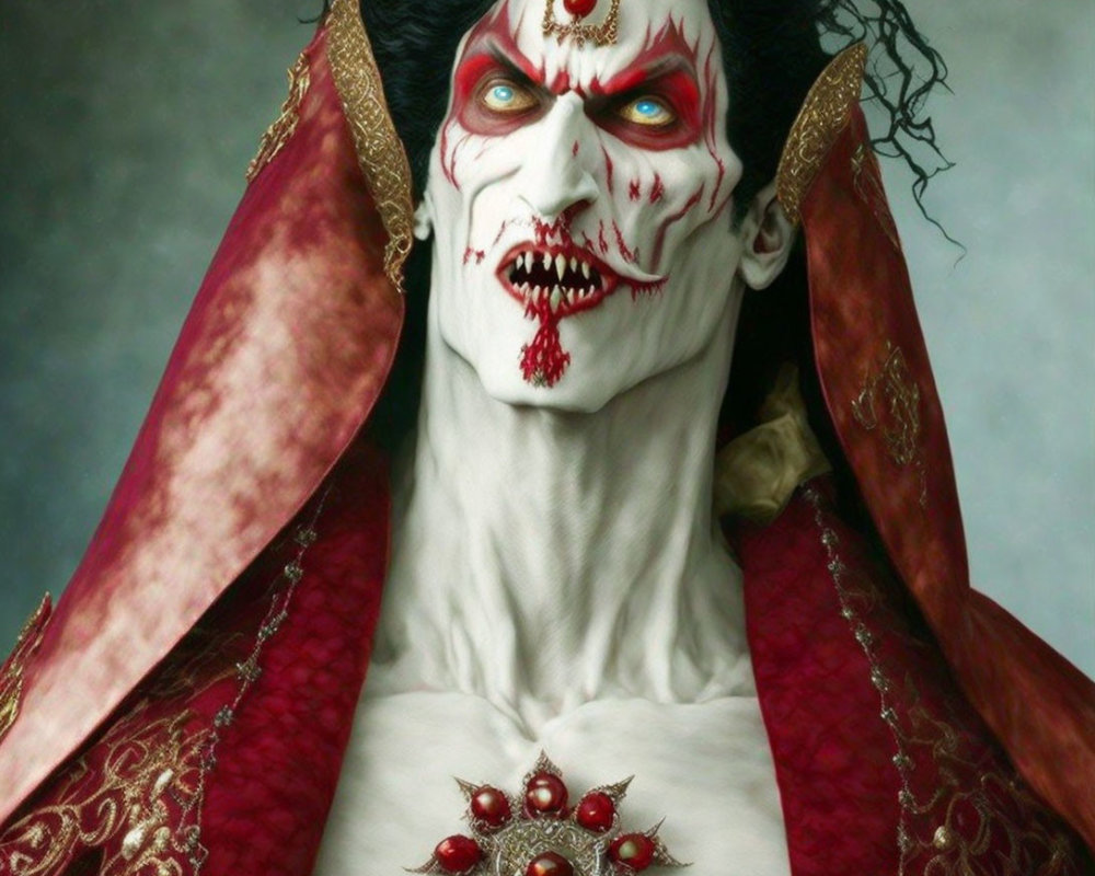 Character with vampire-like makeup in red and gold robe