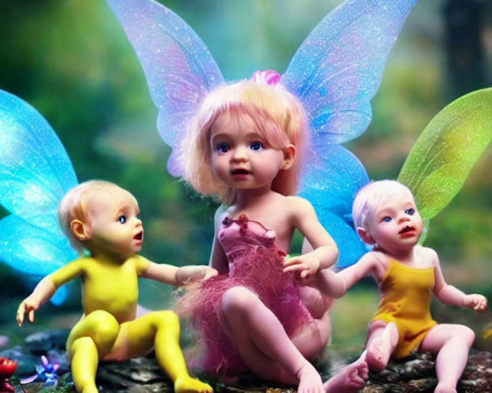 Three Fairy Dolls with Translucent Wings in Pink and Yellow Amidst Colorful Forest Background