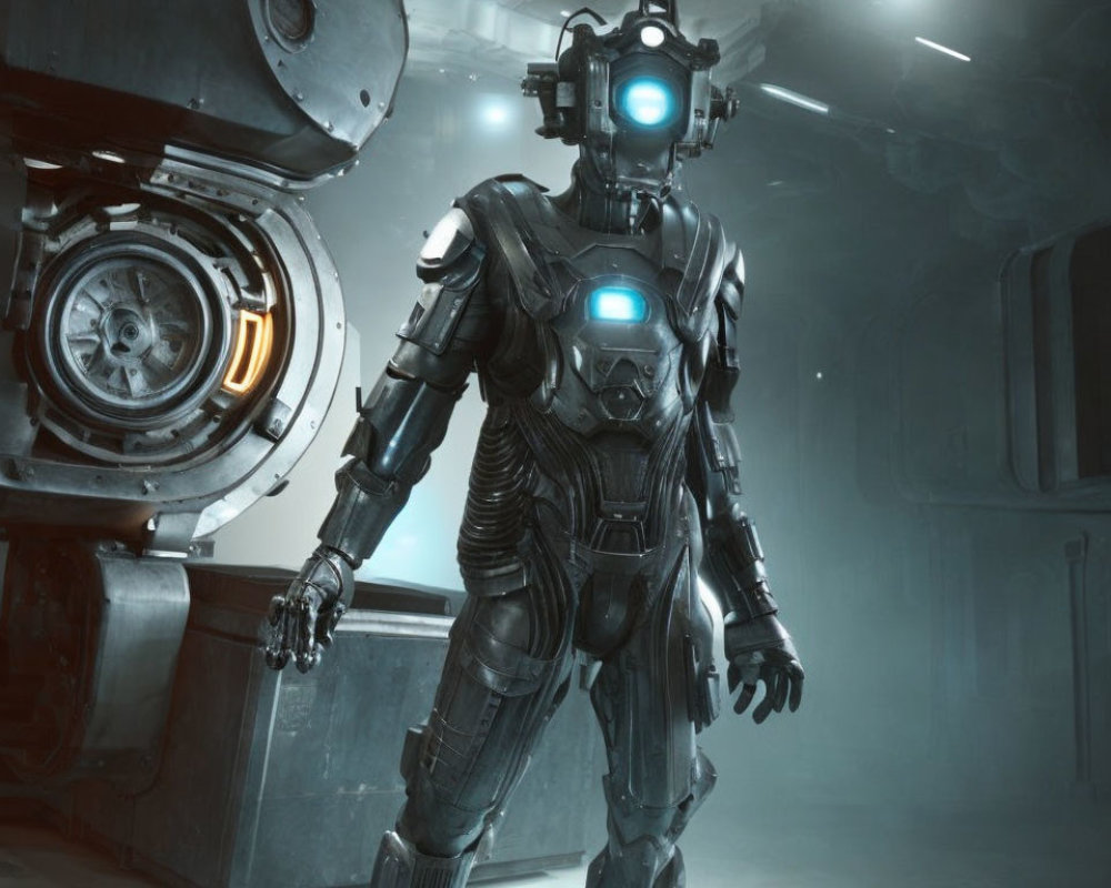 Futuristic robot with blue glowing lights in misty industrial setting