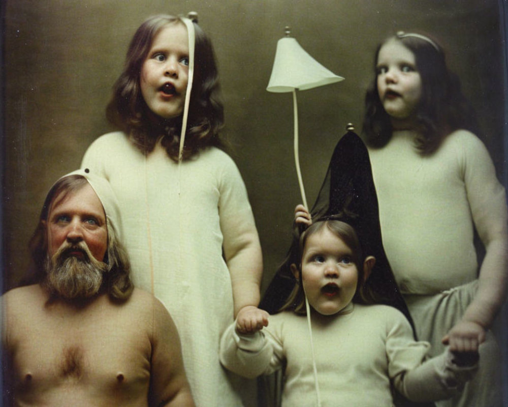 Bearded man and children in white outfits with lampshade flag