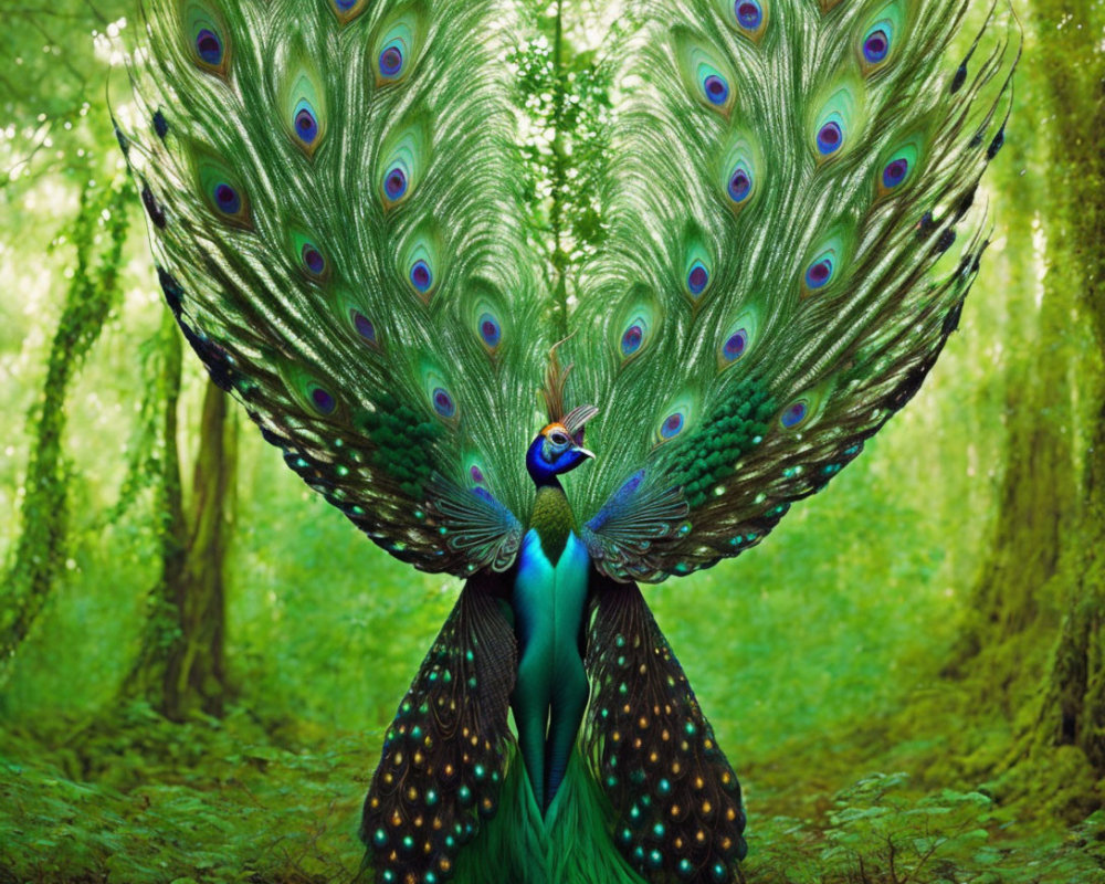 Colorful peacock with impressive tail feathers in lush forest.