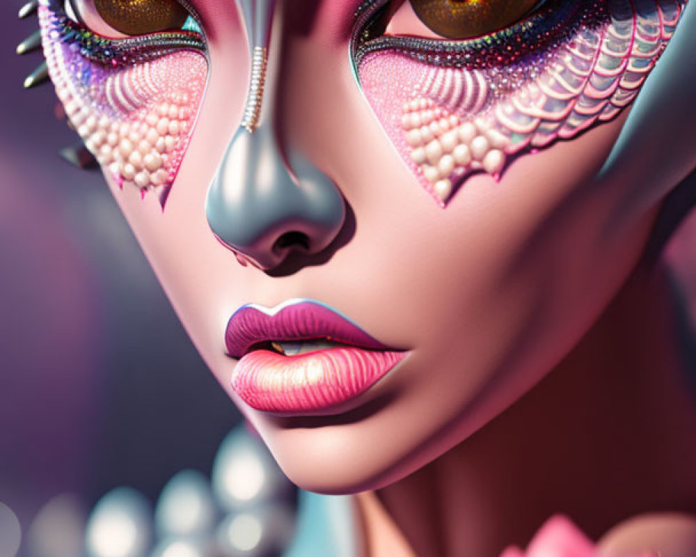 Futuristic humanoid with iridescent skin and captivating eyes