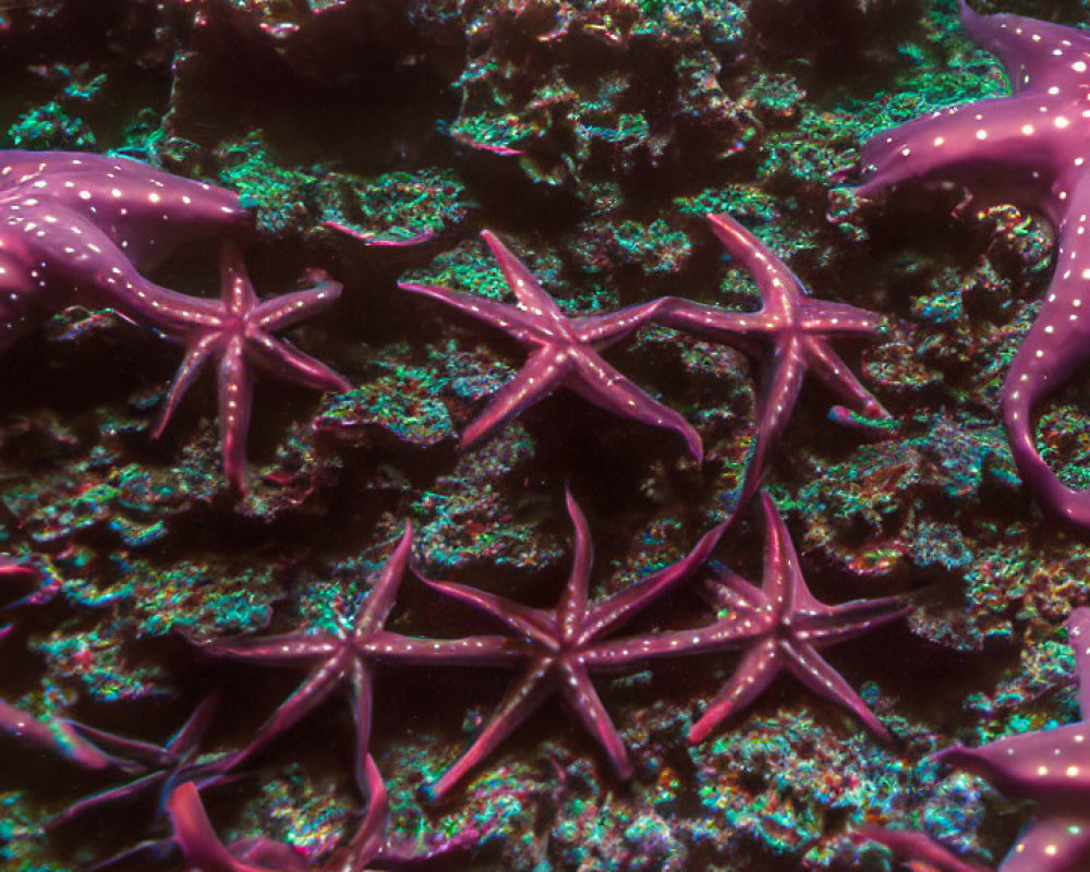 Purple Starfish with White Spots Resting on Textured Coral Reef