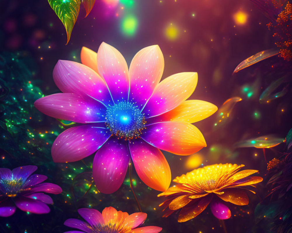 Colorful digital artwork of luminous flowers and foliage in mystical setting