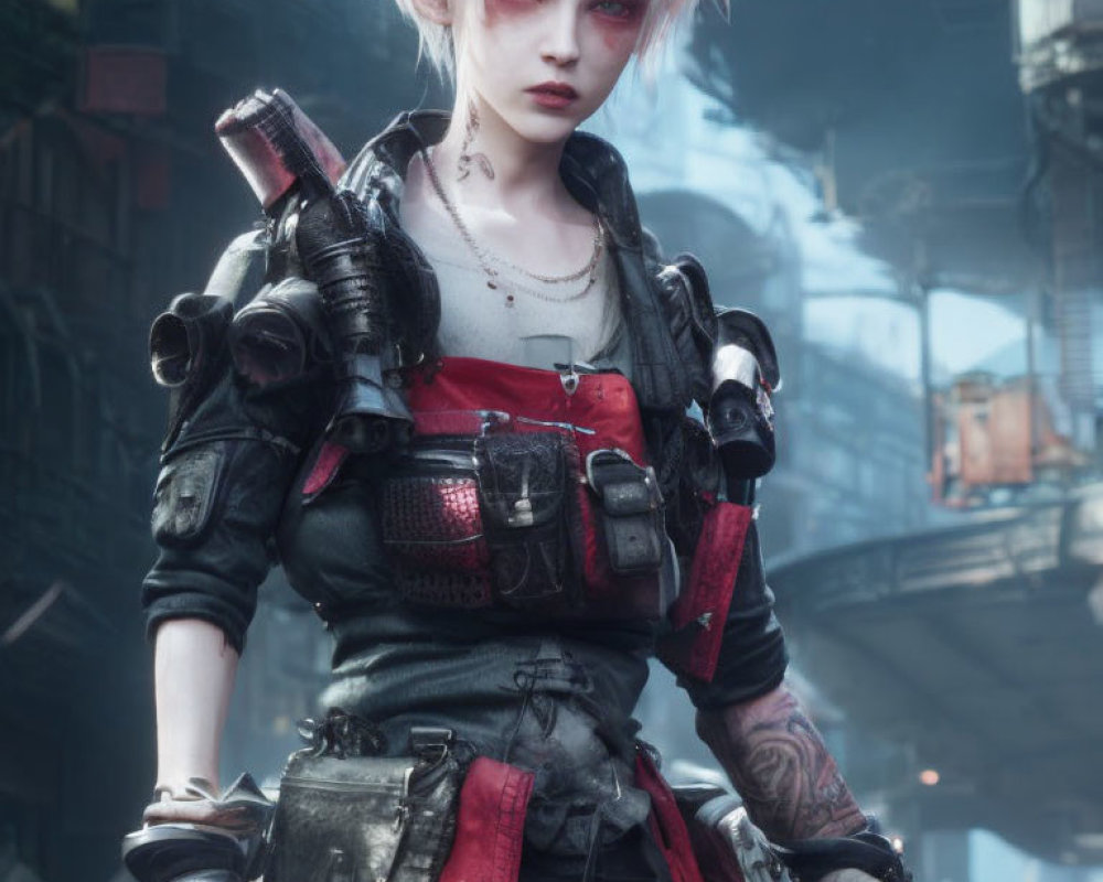 White-Haired Female Character in Cyberpunk Attire with Tattoos and Futuristic Gear