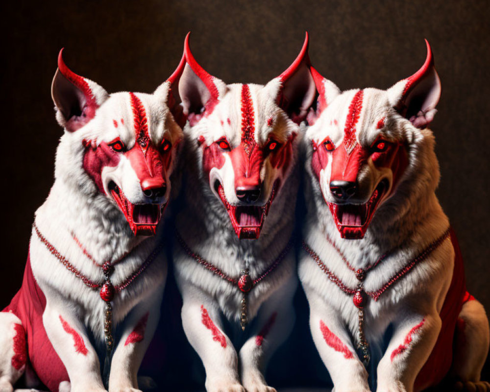 Three white-furred mythical canines with red tribal patterns on dark background