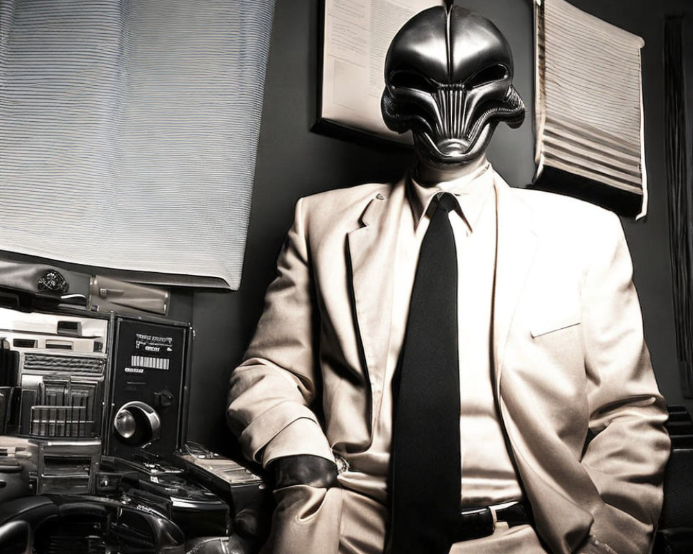 Person in Suit with Science Fiction Mask at Vintage Office Desk