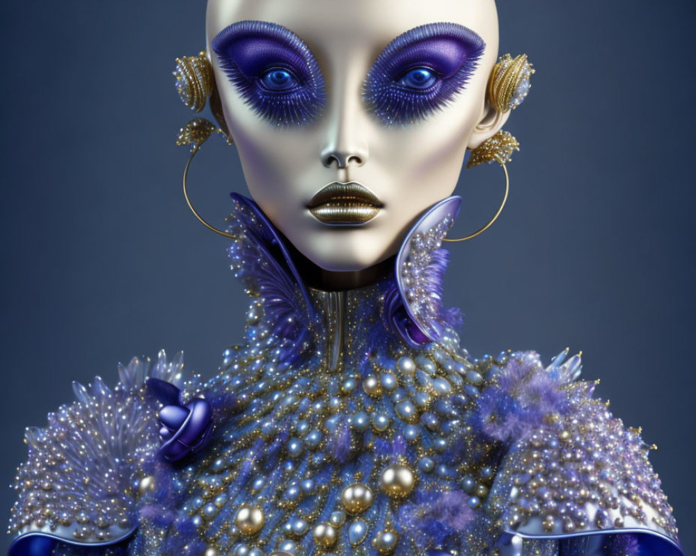 Metallic futuristic mannequin with purple eyes and blue floral details on grey background