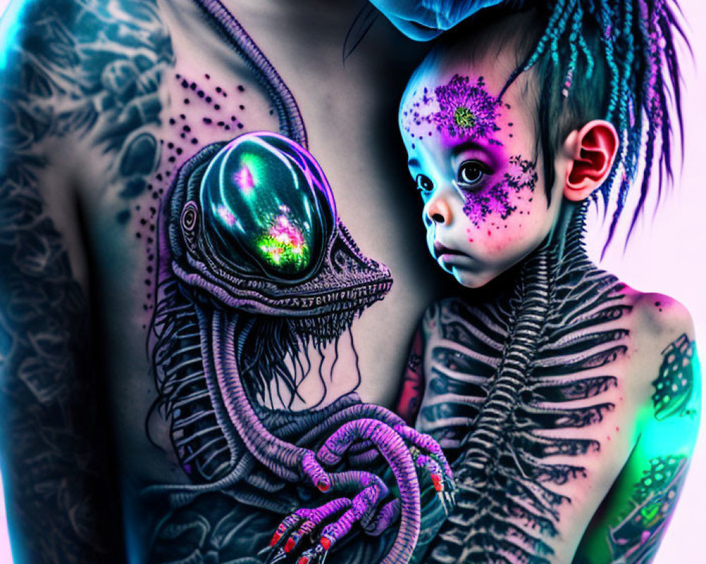 Digital Artwork: Person with Elaborate Tattoos Holding Alien Creature