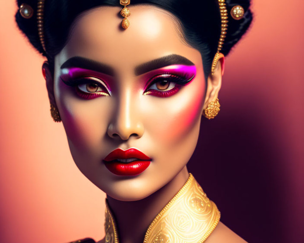 Portrait of woman with bold makeup, traditional jewelry, gold necklace, intricate attire, peach background