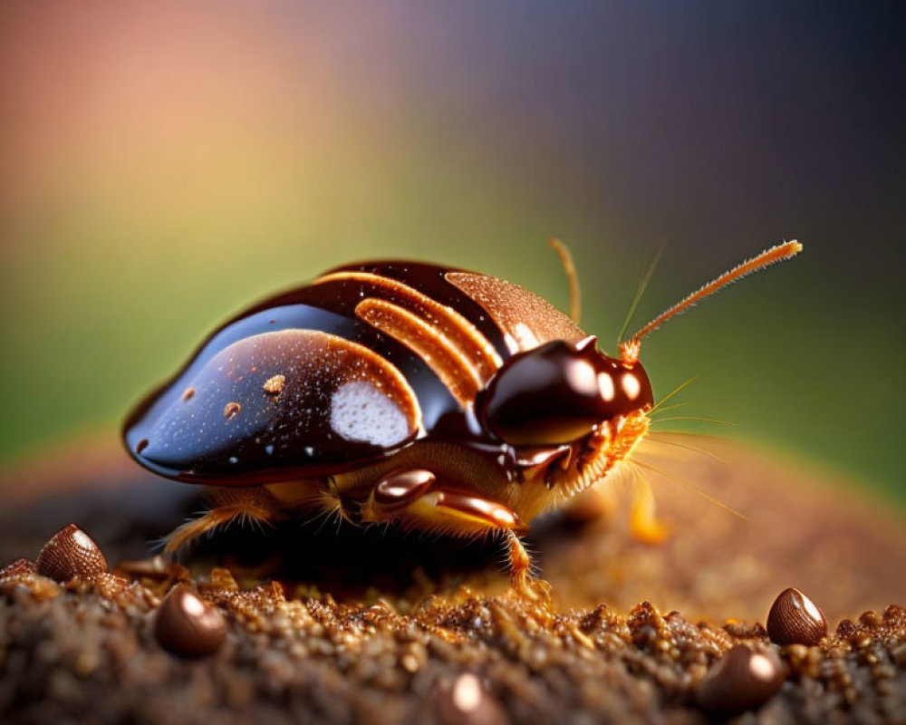 Shiny brown beetle with water droplets on textured surface