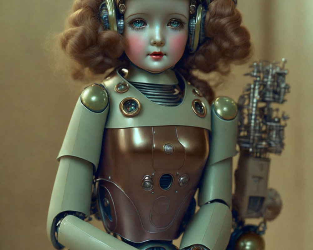 Porcelain-faced doll-like robot with steampunk helmet and metallic body