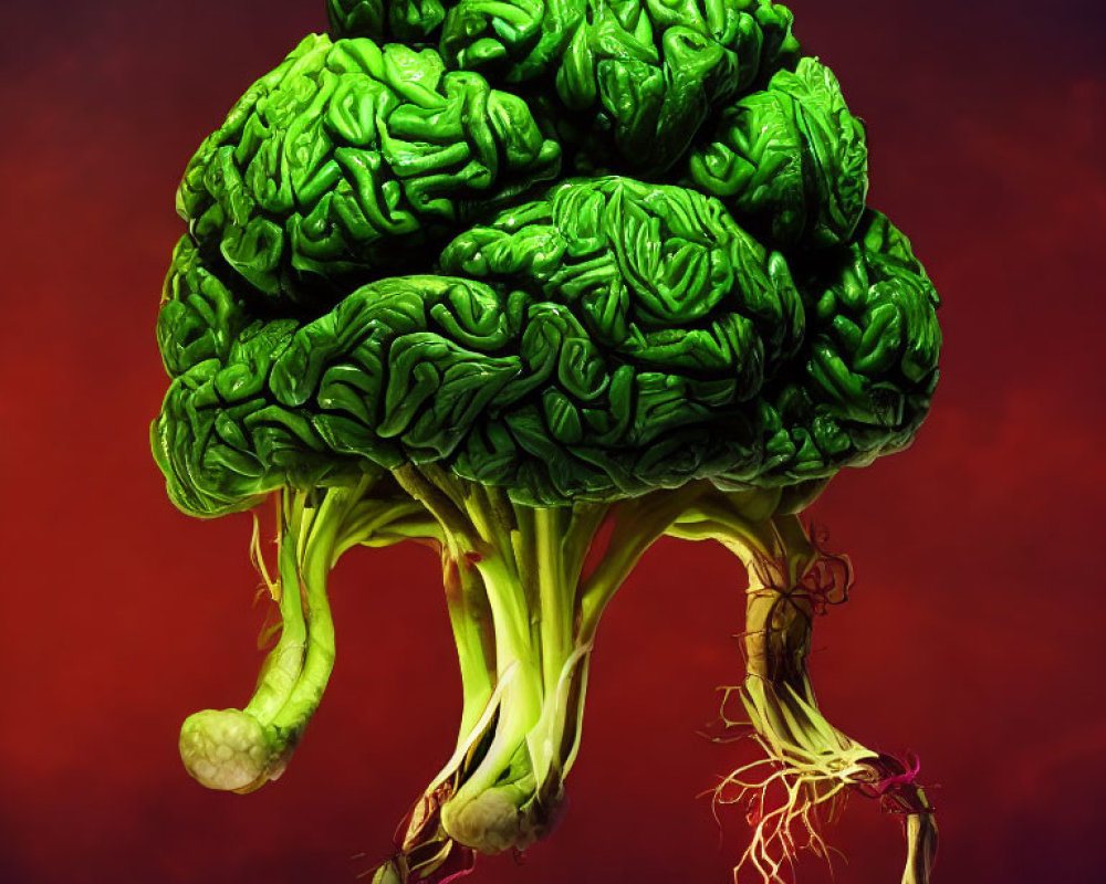 Surreal image of brain and broccoli on red backdrop