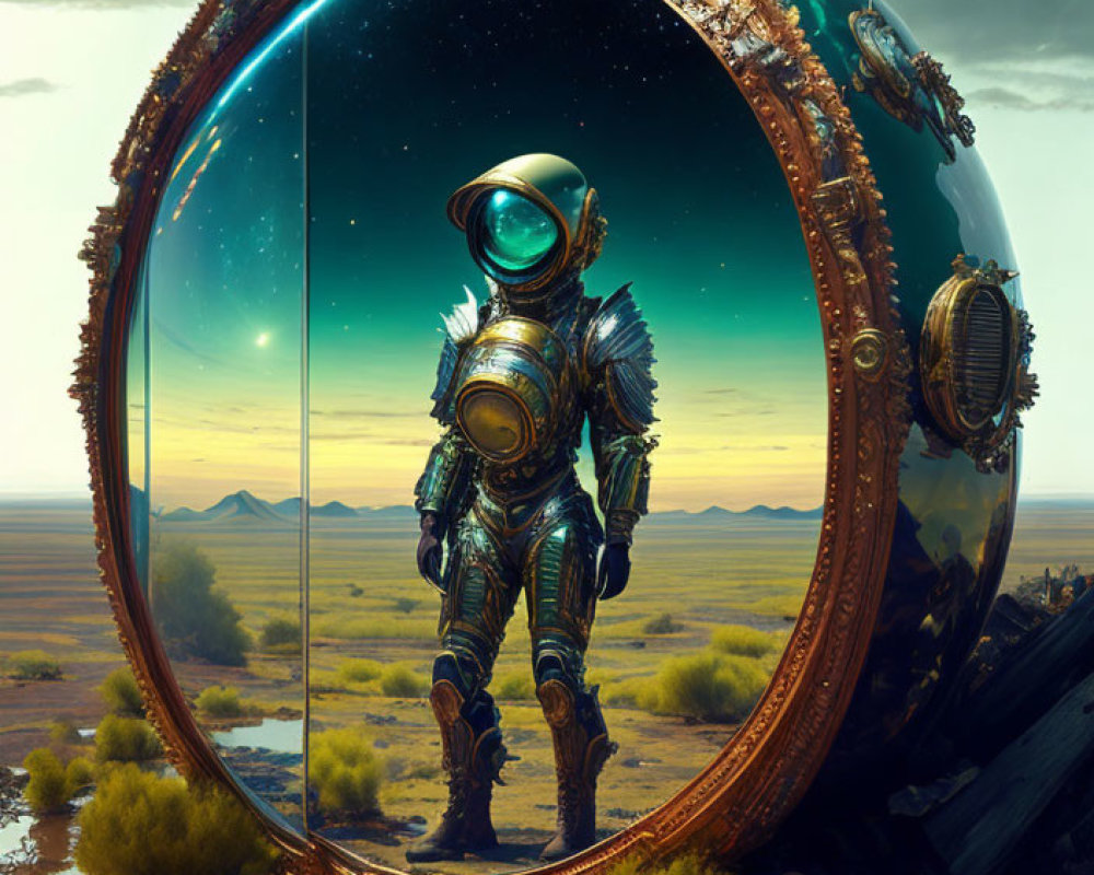 Astronaut in front of mirror showing lush alien landscape