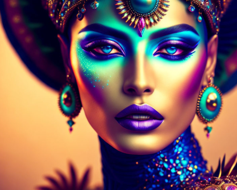 Colorful makeup and ornate headdress with jewel tones, peacock feathers, and gold details.